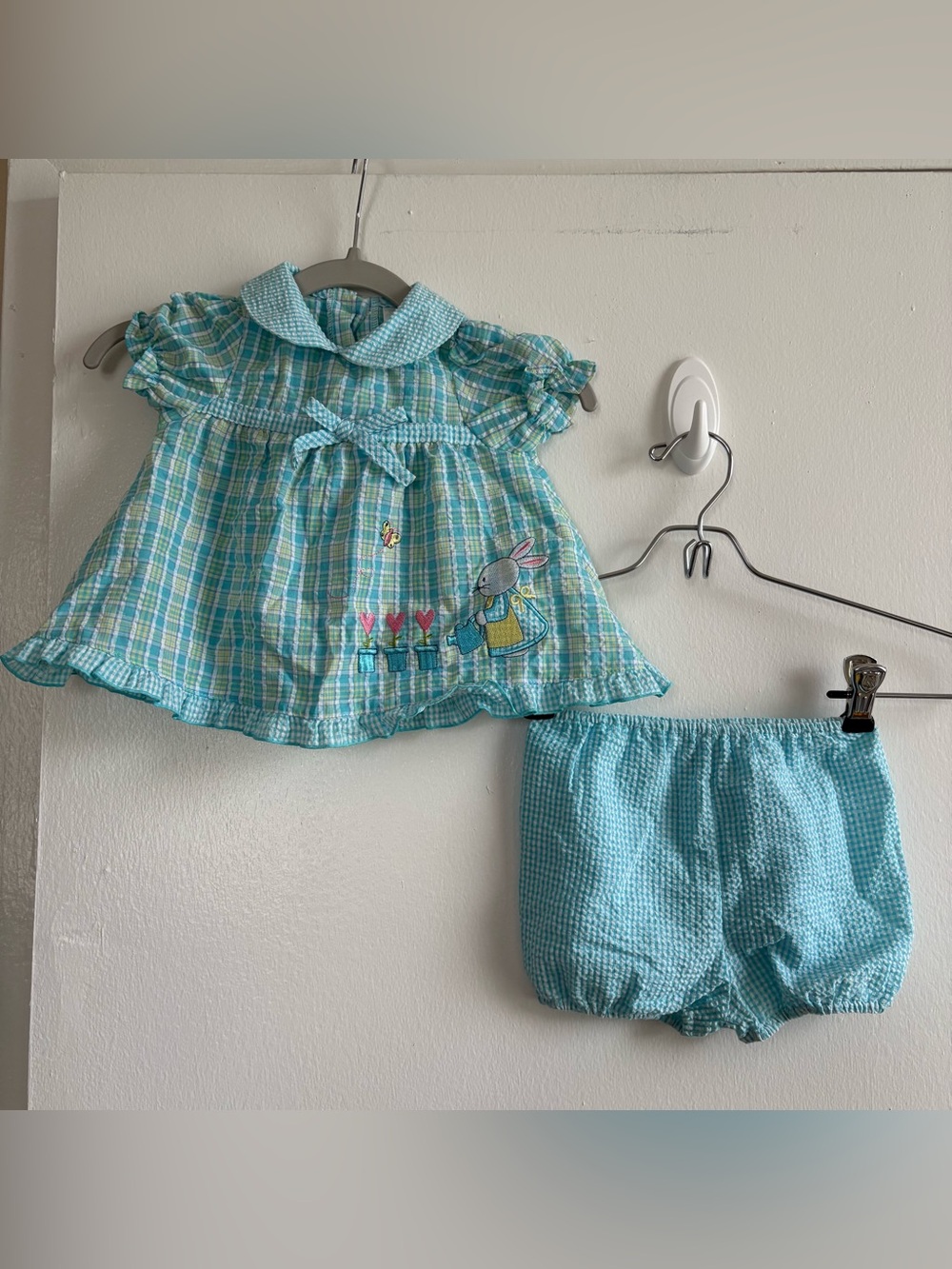 Premier International Baby Girls 3-6M 2pc Blue Plaid Seersucker Bunny Dress Set